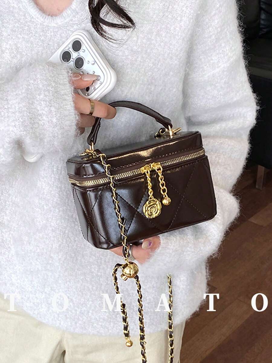 1件純色小方型手提包，時尚方盒包，PU皮革材質，日常使用包，工作、手機與口紅收納包，適合女性、大學生、辦公室、大學、工作、商務、通勤