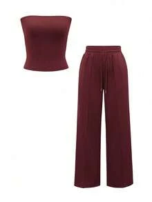 Vaiaye 2pcs Set Autumn Outfit Slim Sexy Strapless Crop Top Basic Tank Fashion Solid Color Elastic Fitted Yoga Tube Top, Spring/Summer Long Pants Set - Red Violet - View 3