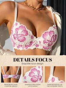 New Fashion Elegant Lingerie Series: Floral Lace Patchwork Push-Up Underwire Comfortable Bra, Versatile Everyday Style - Rose Red - View 3