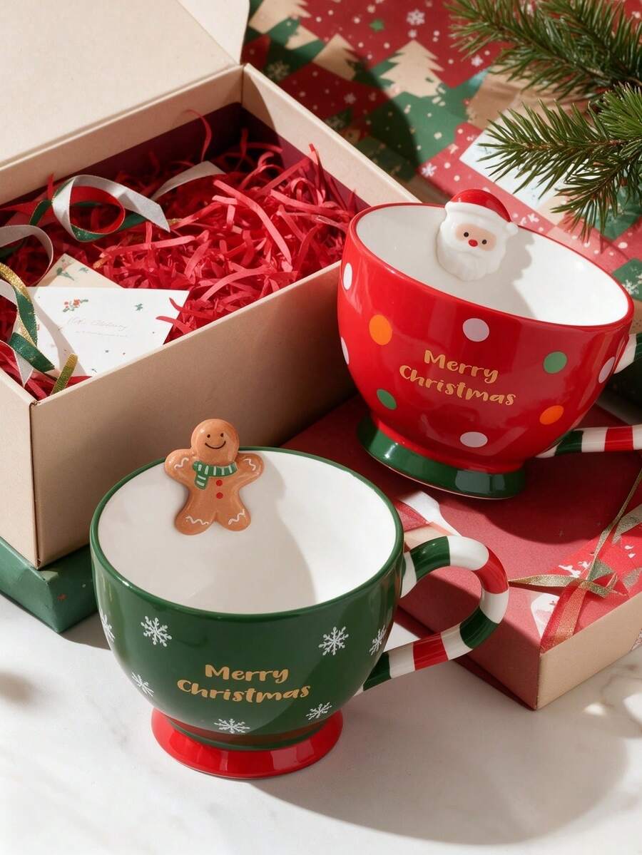 2pcs Creative Christmas Theme Ceramic Breakfast Mugs, Santa Claus And Gingerbread Man Styles, Unique Candy Cane Handle, 500ml Capacity, Suitable For Daily Hot Drinks, Perfect For Home Decor To Create A Warm And Festive Christmas Atmosphere - Multicolor - View 1