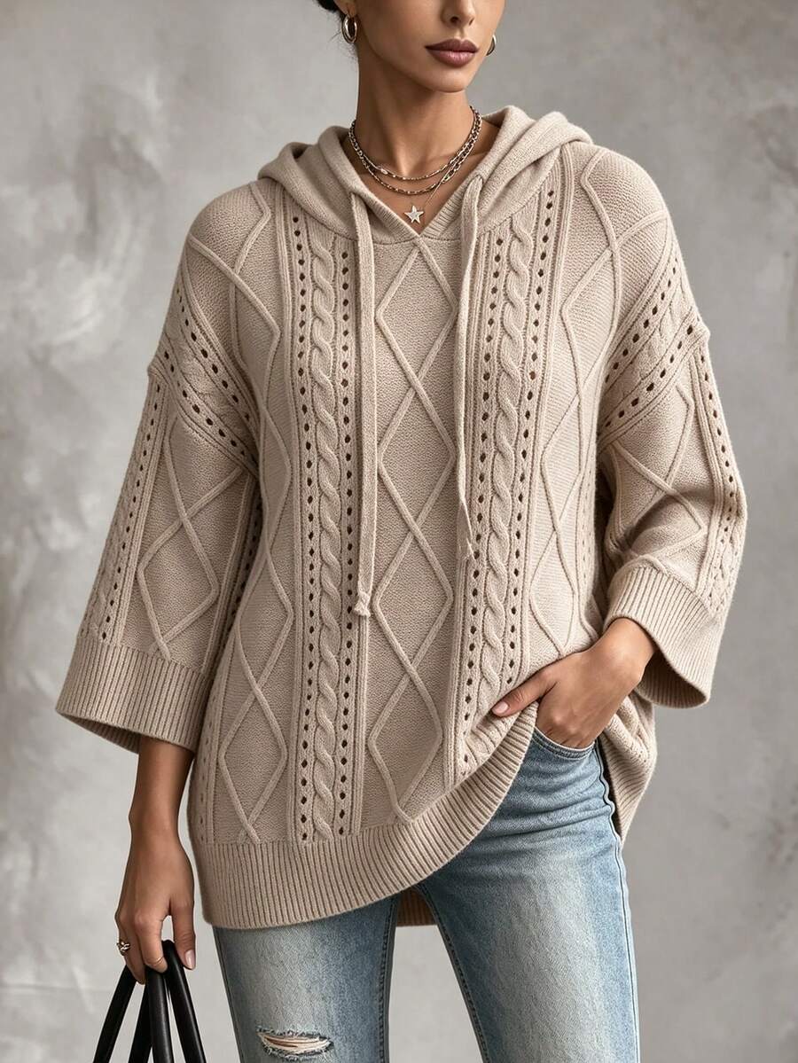 ASHKATIA Women's Plus Size Knitted Top, Autumn/Winter Drawstring Twisted Hooded Sweatshirt, 3/4 Sleeve, Vintage Casual Style