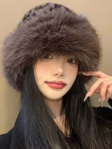 1pc Leopard Print Warm Plush Hat For Women, 2026 Autumn/Winter Retro Thickened Cold-Proof Face-Slimming, Suitable For Cold Weather Wear - Leopard Print Bucket Hat - View 5