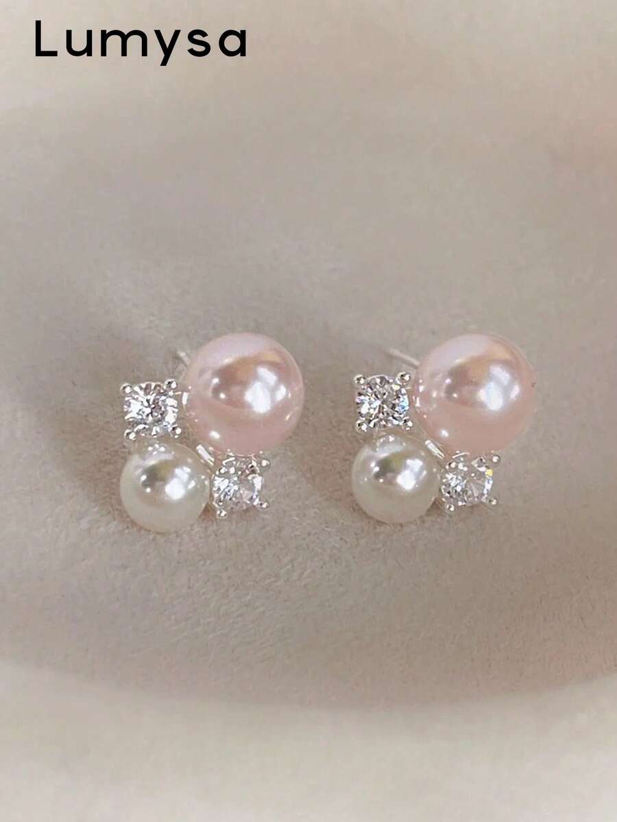 1 Pair French Sweet Pink Faux Pearl & Rhinestone Stud Earrings For Women, Suitable For Daily Wear, Dates And Parties - Silver - View 1