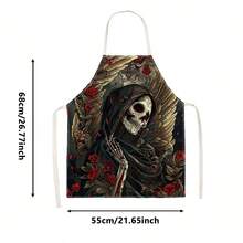 1pc Halloween Skull Floral Party Print Apron - Halter Neck Sleeveless Design, Decorated With Skull, Wavy Halo, Rose And Daisy Patterns, Suitable For Kitchen Cooking, Housework Cleaning And Halloween Party Use, Home Decor, Atmosphere Apron, Fun Home Daily Necessities, Joyful Holiday Gift - Multicolor - View 16
