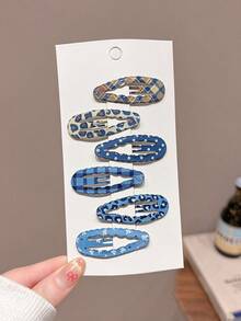 6pcs Girls Blue Leopard Print Star Forehead Side Bangs Hair Clips, Suitable For Daily Styling - Multicolor - View 8
