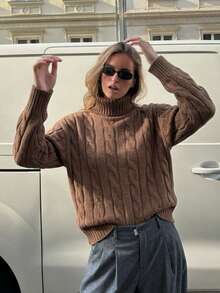 Cable Knit Turtleneck Sweater, Loose Fit, Drop Shoulder Long Sleeves, Coffee Winter Outfit Essential, Soft Casual Pullover - Coffee Brown - View 4