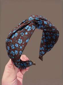 1pc Vintage Blue Ditsy Floral Knotted Wide Headband, Elegant Versatile Fashion Hair Accessory For Women - Multicolor - View 2