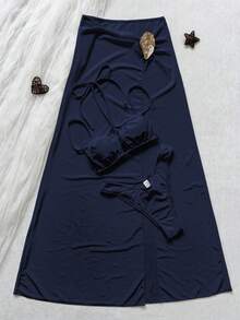 Women's Solid Halter Bikini Three Pieces Set, With A Front Drawstring And Metal Buckle Design On The Skirt For A Retro And Elegant Vibe. - Navy Blue - View 5