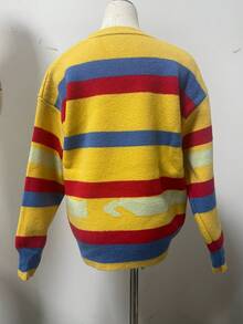 1pc Women's Loose Rainbow Striped Pullover Sweater, Autumn/Winter Long Sleeve Knit Top - Yellow - View 6