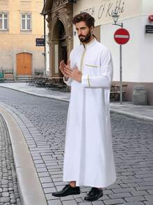 1PC Fashion Casual Stand Collar Arabic Men's Long Robe, Saudi Kandura/Saudi Men's Long Robe - Men's Islamic Long Robe, Suitable For Eid And Daily Wear, Loose Fit, Dishdasha/Moroccan Style, Soft And Comfortable Fabric, Skin-Friendly And Breathable, Middle Eastern Traditional Clothing, Muslim Prayer Robe - White - View 5