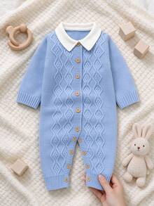 1pc Baby Knitted Long Sleeve Jumpsuit, Baby Boy Peter Pan Collar Cable Knit Jumpsuit, Unisex Baby Simple Versatile Outing Jumpsuit Crawler, Front Button Design Easy Diaper Change, Soft And Skin-Friendly - Blue - View 9