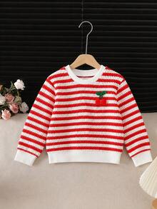 Girls Cute Sweet Round Neck Long Sleeve Red & White Striped 3D Cherry Pullover, Autumn Vintage Colorblock Round Neck Inner Top, Suitable For Outdoor Wear - Red - View 4