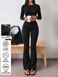 Autumn Casual Women Two Pieces Set Comfy Long Sleeve Tops Black Pant Sets Concert Outfit Women Basic Outfits For Back To School - Black - View 3