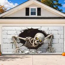 2D Flat 1pc Halloween Skull Garage Door Banner Decoration - Giant Scary Skull Breaking Through Wall Garage Door Cover With Gold - Multicolor - View 9