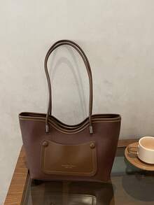 2026 Autumn/Winter Women's Retro Tote Handbag, Colorblock Patchwork Shoulder Bag, Commuter Underarm Bag - Coffee Brown - View 6