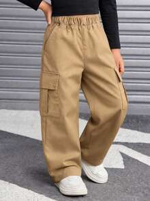 1pc Girls' Versatile Casual Sports Outdoor Loose Fit Pants, Fashionable For Daily Wear - Khaki - View 4