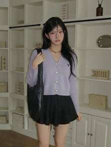 Ribbed V-Neck Sweater Cardigan, Long Sleeve Button Front, Relaxed Fit, Embroidered Detail, Light Purple, Casual Chic Fall Layering Top - Mauve Purple - View 4