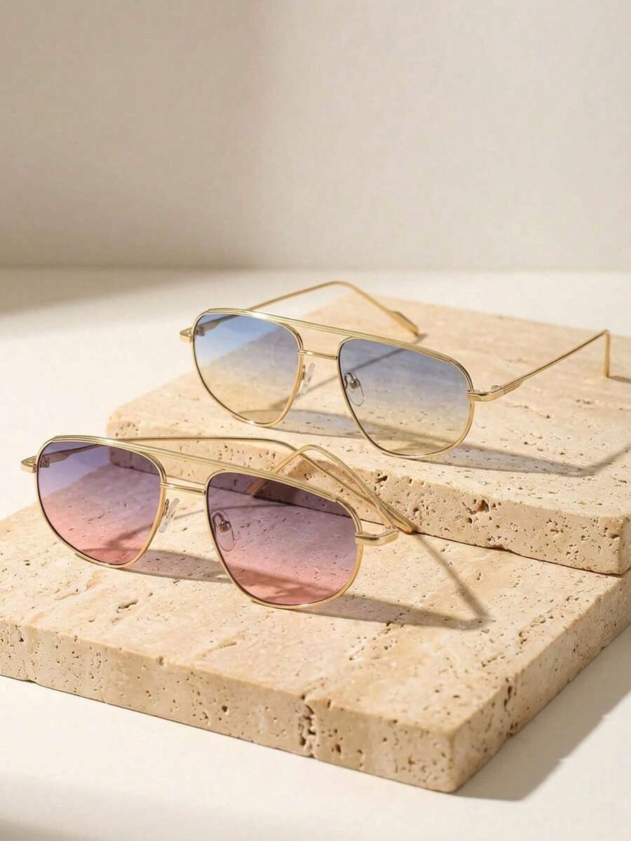 2 Pairs Set Women's Gold Double Bridge Aviator Metal Frame Retro Fashion Glasses Suitable For Daily Wear - Multicolor - View 1