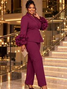 Plus Size Burgundy Two Pieces Pants Suit Long Sleeve Shawl Collar Peplum Blazer With Ruffle Flare Cuff Elegant Formal Church Business Fall Outfit - Burgundy - View 8