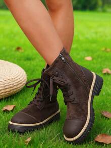 Women's Lace Up Combat Ankle Boots With Zipper And Lug Sole - Brown - View 3