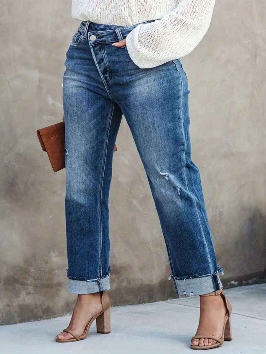 Quần jean denim ống đứng nữ phong cách vintage, cạp chéo, có túi, co giãn vừa, đóng bằng nút và khóa kéo, cho mùa thu - Màu xanh đậm - Xem 1