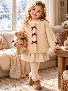 Autumn/Winter Girls Toddler Fashion Casual Fluffy Cute Bow Decor Long Sleeve Jacket - Mocha Brown - View 1