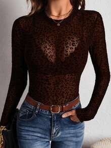 女款豹紋半透長袖圓領針織上衣，修身版型秋季襯衫，時尚性感豹紋半透長袖修身針織女上衣，中等彈性，植絨細節，適合多種場合 - 深咖啡色 - 查看 1
