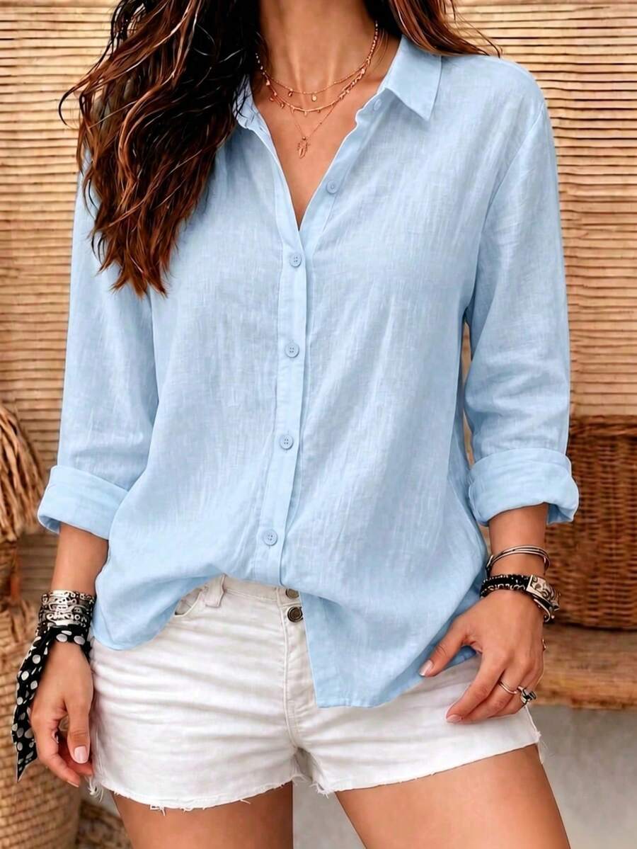 女款鈕扣前襟休閒長袖白色亞麻寬鬆翻領沙灘襯衫 - 淺色水洗藍 - 查看 1