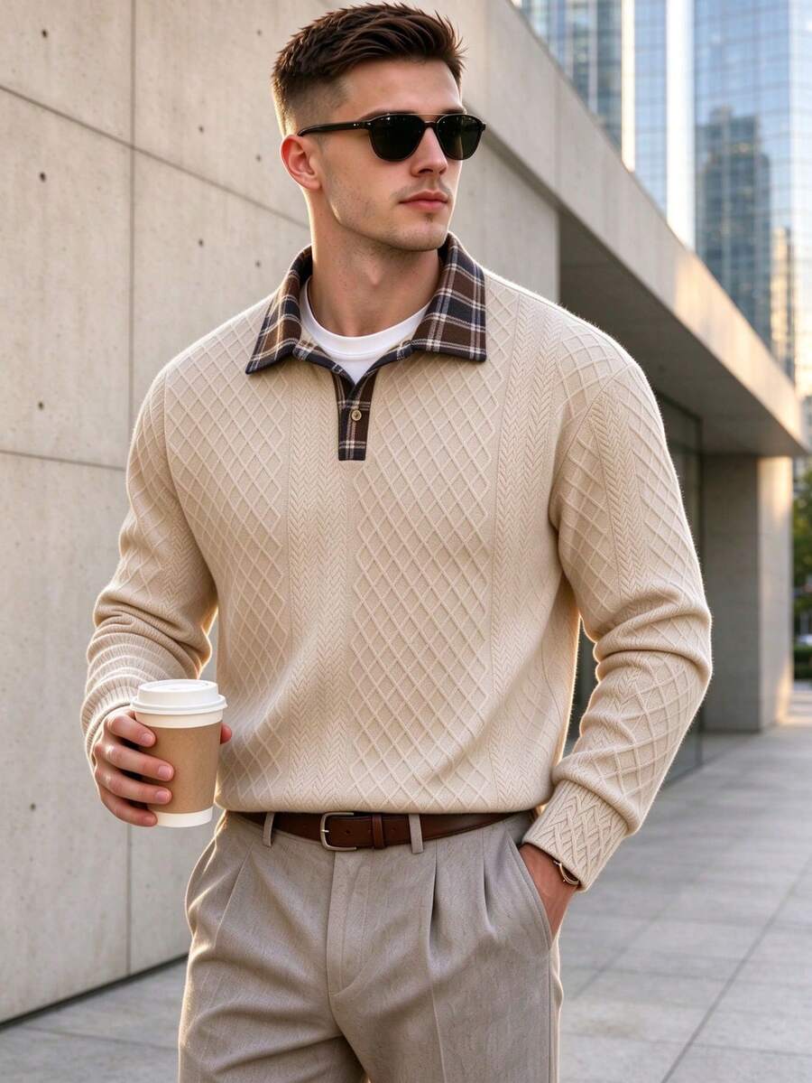 Old Money Men's Casual Textured Jacquard Fabric Long Sleeve Polo Shirt - Khaki - View 1