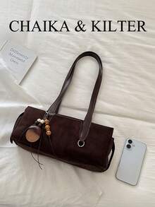 1pc Minimalist Fashion Suede Fabric Shoulder Bag Suitable For Commuting, Shopping, Etc. (With Pendant) - Coffee - View 4