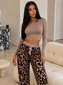 2pcs Women's Leopard Print Casual Long Sleeve Top + Casual Long Pants Loungewear Pajama Set - Black - View 3