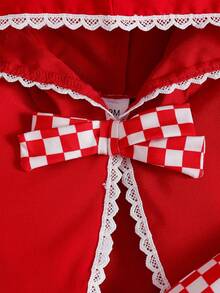 Baby Girl Autumn/Winter Cute Red Riding Hood Costume Red & White Plaid Print Long Sleeve Apron Mesh Dress + Lace Trim Hooded Cape, Suitable For Christmas - Red - View 5
