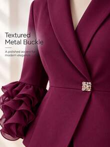 Plus Size Burgundy Two Pieces Pants Suit Long Sleeve Shawl Collar Peplum Blazer With Ruffle Flare Cuff Elegant Formal Church Business Fall Outfit - Burgundy - View 4