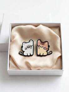 2 pièces/set Broche de couple de chats ondulants, insigne en émail mignon et guérissant pour meilleurs amis, accessoire populaire transfrontalier, set de broche de couple de chats mignons, épingle en émail de chat ondulant douce et mignonne, bijoux de couple charmants transfrontaliers - Noir et Blanc - Voir 5