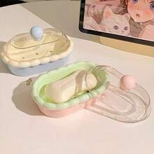 1pc Cute Cartoon Double Layer Soap Dish With Lid, Wavy Edge Portable Dust-Proof Soap Holder, Lightweight Space-Saving Design, Suitable For Bathroom, Student Dorm And College Girls Daily Use - Soap Box - View 5