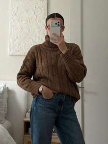 Cable Knit Turtleneck Sweater, Loose Fit, Drop Shoulder Long Sleeves, Coffee Winter Outfit Essential, Soft Casual Pullover - Coffee Brown - View 6