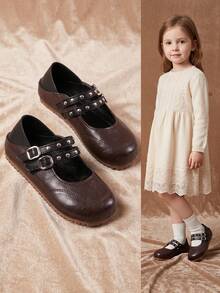 1 Pair Girls' Vintage Mary Jane Shoes, Brown Buckle Flat Shoes, Double Buckle Rivet Flat Shoes, Convertible Backless Casual Shoes For Spring And Autumn - Brown - View 9