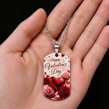 eTel LiKe Romantic Heart & Rose Pendant, Heart Dog Tag Necklace, Silver Chain Jewelry, Valentine's Day Gift For Girlfriend And Wife - Silver - View 4