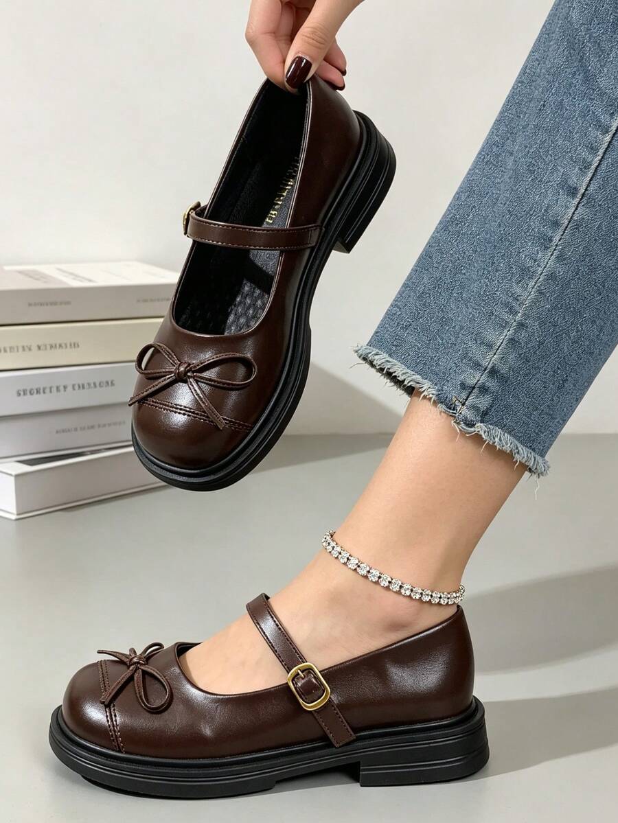 Black Round Toe Chunky Heel Pumps, Women's Casual Commute Slip-On High Heels, Autumn Style - Brown - View 1