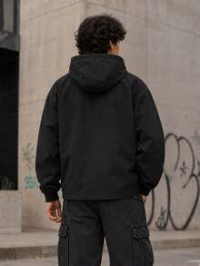 1pc Men's Black Hooded Jacket, Suitable For Casual And Work Wear - Black - View 2