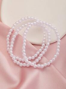 3pcs/Set Girls White 5MM Faux Pearl Bracelet, Stackable Cute Beaded Bracelet, Children's Jewelry, Birthday Party Back To School Daily Wear Gift Accessory - White - View 4