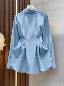 Denim Effect Fabric Long Sleeve Cinched Waist Metal Button Decor Autumn/Winter Standard Size Shirt, Casual Home Office Commute Elegant Blouse - Blue - View 3
