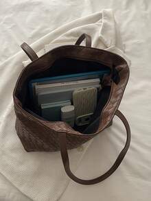 Women's Woven Texture Tote Bag, Large Capacity Shoulder Handbag, Suitable For Office Daily Use - Brown - View 6