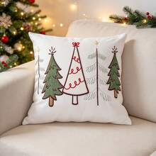 1pc Christmas Tree Embroidered Pillow Case, Winter Cabin Reindeer & Christmas Tree Embroidered Cushion Cover, Suitable For Sofa Bedroom Holiday Home Decor, Pillow Insert Not Included - Multicolor - View 8