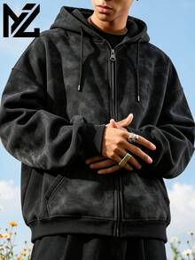 Men's Hooded Zip-Up Sweatshirt Jacket, Drop Shoulder Winter Fleece Hoodie, Black & Grey Tie-Dye Washed Kangaroo Pocket Casual Jacket, Outdoor Sports Commuter Sweatshirt - Black - View 1