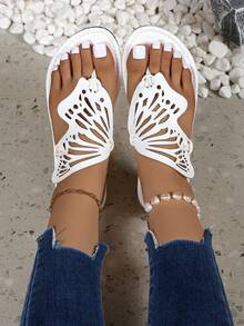 Women's Butterfly Hollow Toe Flip Flops, Lightweight Soft Sole Beach Sandals, Summer Vacation Shoes - White - View 4