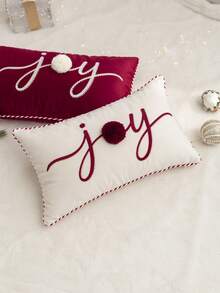 1pc Beige Christmas Joy Letter Embroidered Pillow Case, Suitable For Indoor Decoration, Christmas Decoration, All-Season Pillow Case, Without Insert - Beige - View 9