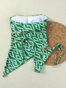 HOTTIE HABIT Women's Vintage Green Geometric Print Bandeau Bikini Set, Side Drawstring Wrap Top, High Cut Bikini Bottom, 2-Piece Swimsuit For Summer Beach Vacation - Multicolor - View 7