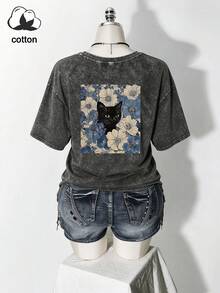 大尺碼女款休閒服，雪花圖案布料，舒適休閒上衣，復古T恤，春夏秋大尺碼黑色衣物 - 黑色 - 查看 4