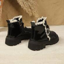 Girls' Lace Trim Shiny Princess Boots With Snowflake Rhinestone Thick Sole Ankle Boots - Black - View 4